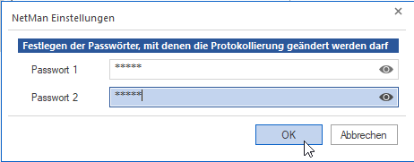 Eingabe der beiden Passwörter zum Entsperren der Protokolleinstellungen, die Eingabe wird mit OK bestätigt.