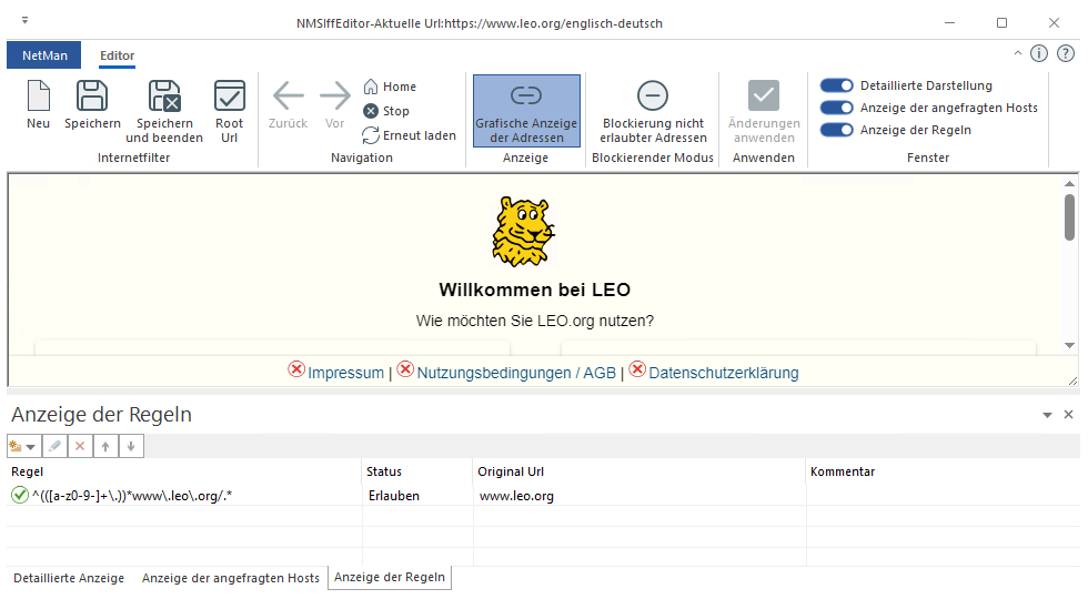 Editor zum Bearbeiten von Internetfilterdateien