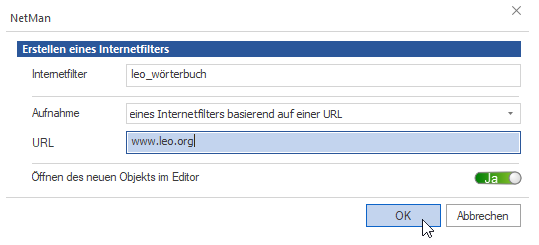 Dialog „Erstellen des Internetfilters“ mit Namensfeld und Feld zur Eingabe der URL