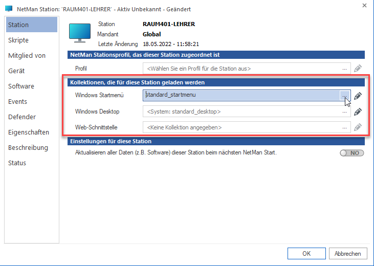 Im Abschnitt "Kollektionen, die für diese Station geladen werden" aktivieren Sie in der Zeile "Windows Startmenü" die "Durchsuchen" Schaltfläche.