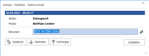 Detailansicht eines Eintrags im Datenschutzprotokoll