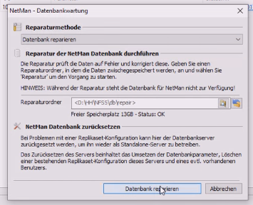 Schaltffläche "Datenbank reparieren" ist aktiviert.