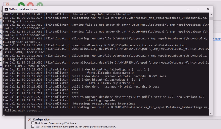 Fenster "Database repair" mit fortlaufenden Eintragungen. 