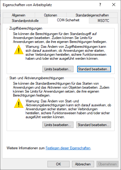 Der Reiter COM-Sicherheit bietet die Möglichkeit sowhl Zugriffsberechtigungen als auch Start- und Aktivierungsberechtigungen zu bearbeiten. Sie können jeweils Limits und Standatd bearbeiten.