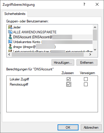 Berechtigungen für "DNSAccount": Lokaler Zugriff zulassen, Remotezugriff zulassen.