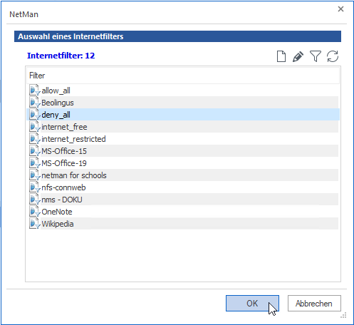  Dialog Auswahl eines Internetfilters