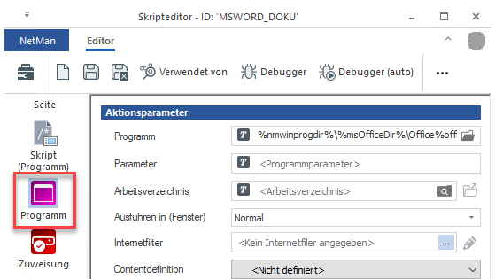 Skripteigenschaften Seite Programm