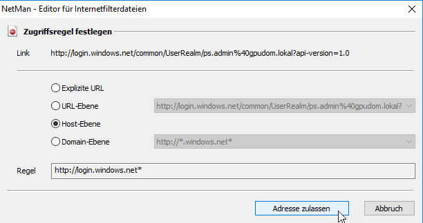Beispiel Zugriffsregel: Im Feld Regel wird die Adresse http://login.windows.net* zugelassen.