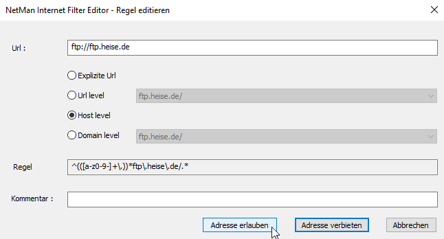 URL: ftp://ftp.heise.de, Host Level, Regel: ^(([a-z0-9-]+\.))*ftp\.heise\.de/.* Adresse erlauben