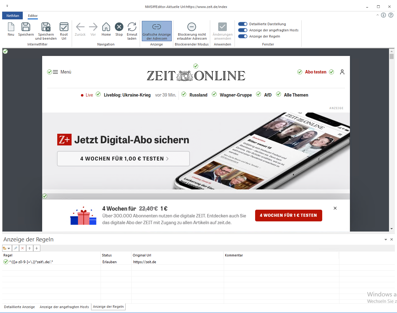 Beispiel www.zeit.de/index im Internetfiltereditor dargestellt.