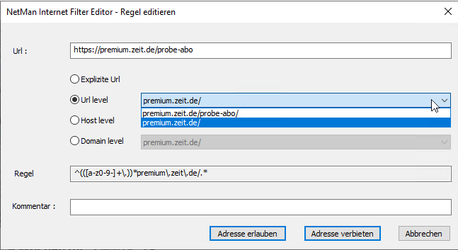 Beispiel: Die Adresse premium.zeit.de wird auf URL level verboten.