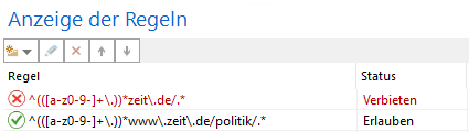 Beispiel: 1. Zeile: *zeit\.de* verbieten, 2. Zeile: www\.zeit\.de/politik/.* erlauben