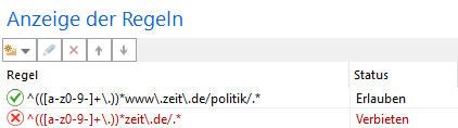 Beispiel: 1. Zeile: www\.zeit\.de/politik/.* erlauben, 2. Zeile: *zeit\.de* verbieten