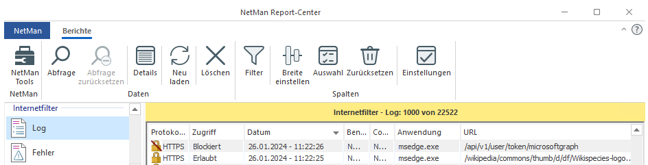 Internetfilter Log mit blockierten und erlaubten Zugriffen