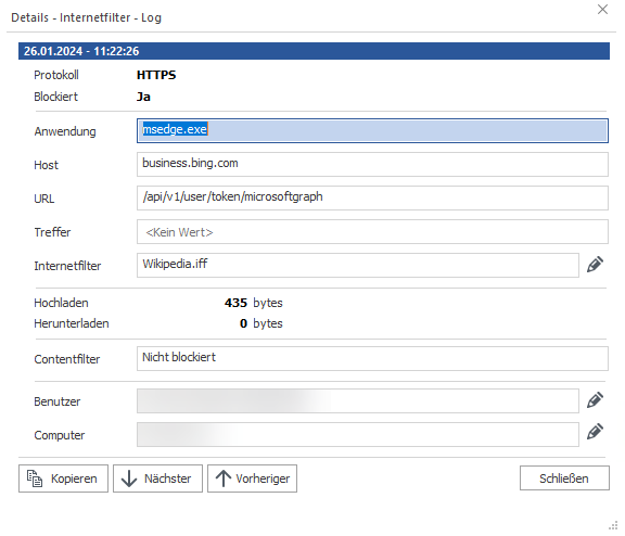 Detailanzeige eines Internetfilter-Log-Eintrags mit Informationen zu Protokoll, Blockier-Status, Anwendung, Host, URL, Treffer, Internetfilter, geladenen Bytes im Up- und Download, Contentfilter-Einsatz, Benutzer und Computer.