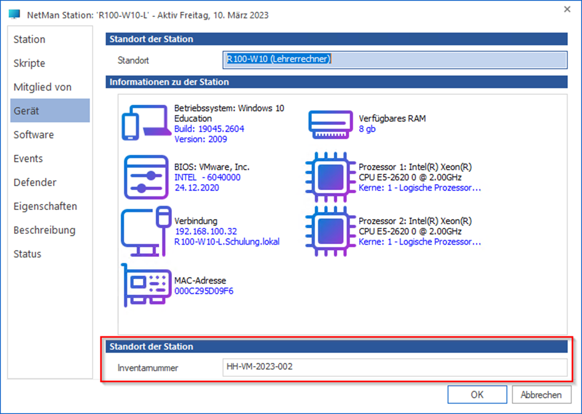 Beispiel Geräteinformationen mit Standort, Inventarnummer und Informationen zu Hardware und Betriebssystem.