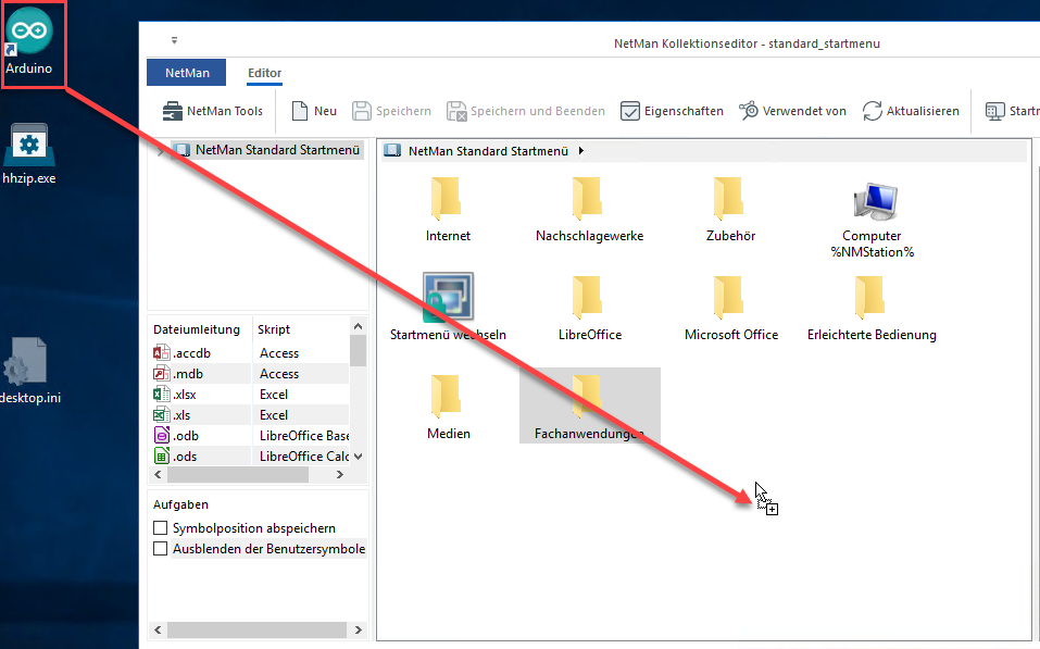 Die Desktopverknüpfung wird in das Arbeitsfenster des Kollektionseditors gezogen.