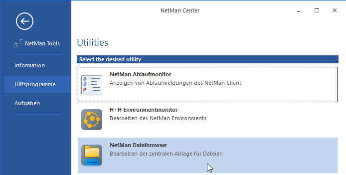 NetMan Center Backstage-Ansicht. Im Reiter Hilfsprogramme finden Sie die Schaltfläche NetMan Dateibrowser.