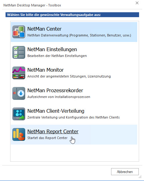 NetMan Toolbox: NetMan Report Center angewählt
