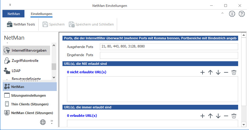 NetMan Einstellungen/Internetfiltervorgaben 