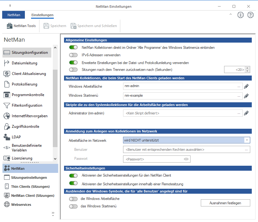 NetMan Einstellungen / NetMan / Sitzungskonfiguration