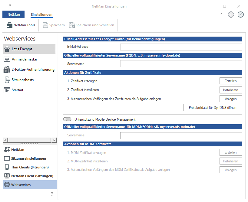 NetMan Einstellungen / Webservices / Let`s Encrypt