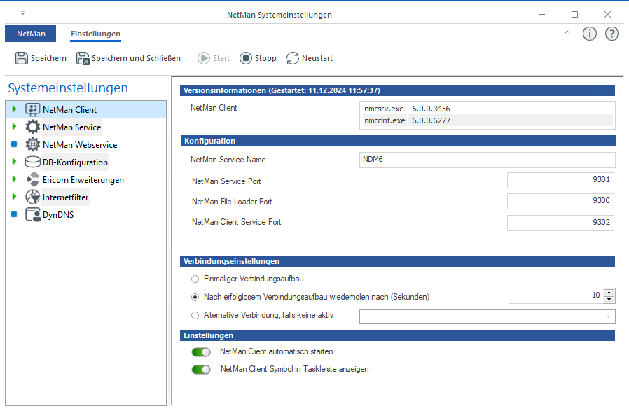 Systemeinstellungen Seite NetMan Client