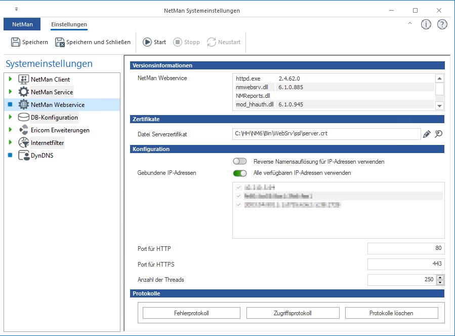 Systemeinstellungen NetMan Webservice