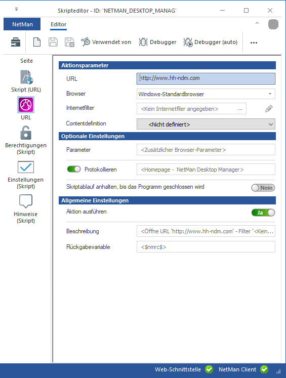Skripteditor Seite URL. In der Zeile URL ist als Beispiel http://hh-ndm.com eingetragen.