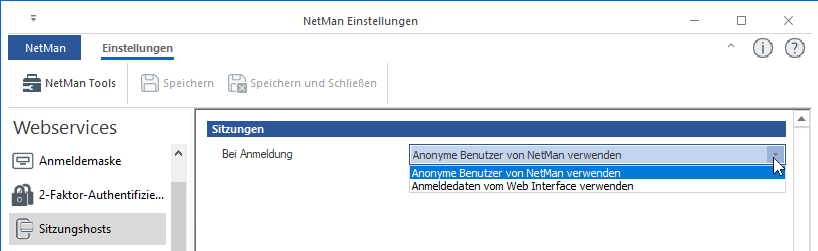 NetMan Einstellungen / Webservices / Sitzungshosts