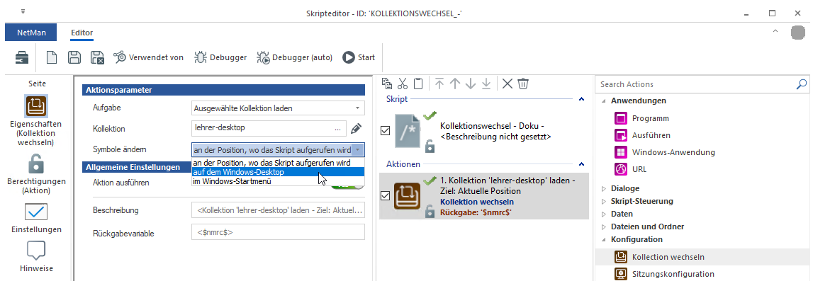 Skript Kollektionswechsel im Skripteditor