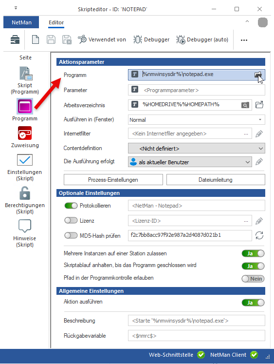 Skripteditor Seite Programm: Am Ende der Zeile Programm öffnen Sie mit der Auswählen-Schaltfläche den Windows Explorer.