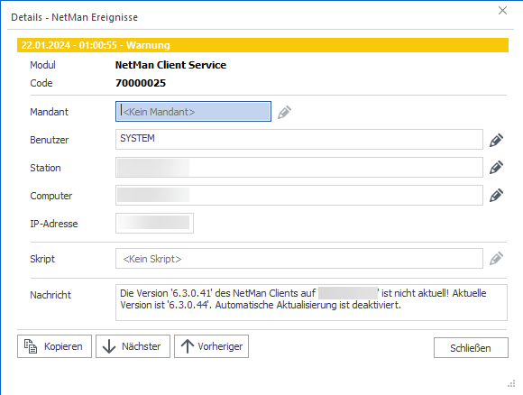 Beispiel Details eines NetMan Ereignisses