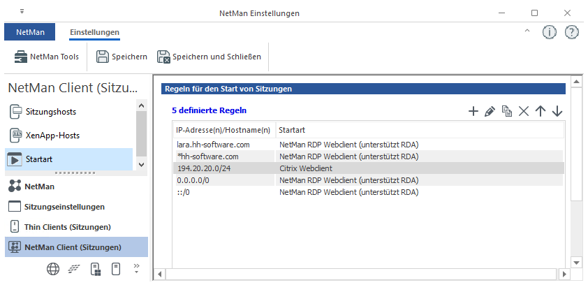 NetMan Einstellungen /NetMan Client/Startart: Regeln für den Start von Sitzungen. 5 definierte Regeln für: lara.hh-software.con, *hh-software.com, 194.20.20.0/24, 0.0.0.0/0, ::/0