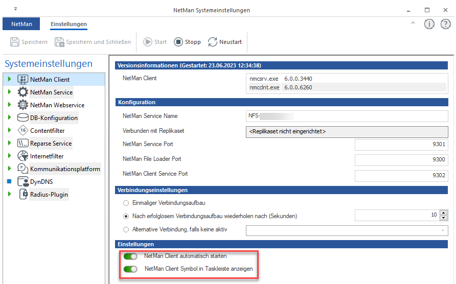 Starteinstellungen des NetMan Clients