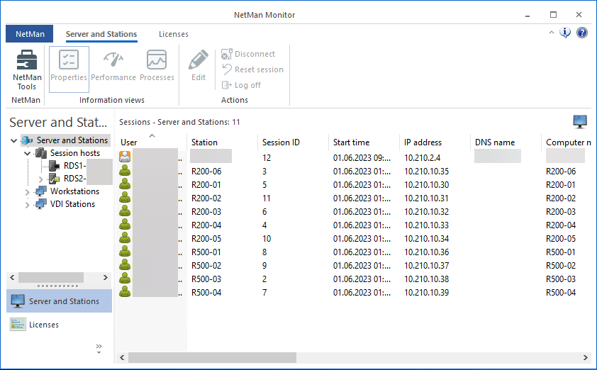 Hauptfenster des Server- und Stationsmonitors