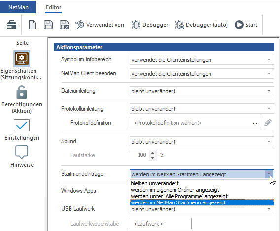 Startmenüeinträge werden im NetMan Startmenü angezeigt