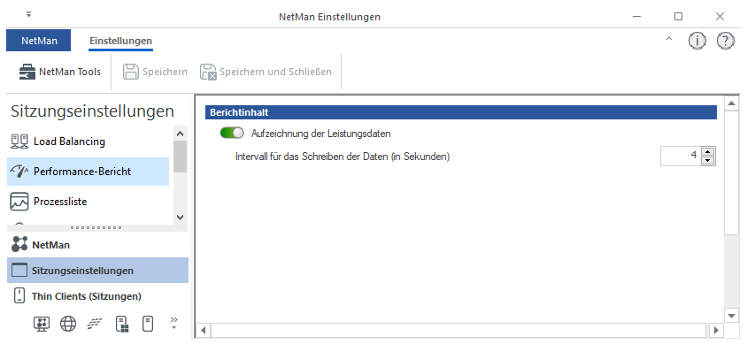 NetMan Einstellungen / Sitzungseinstellungen/Performance-Bericht
