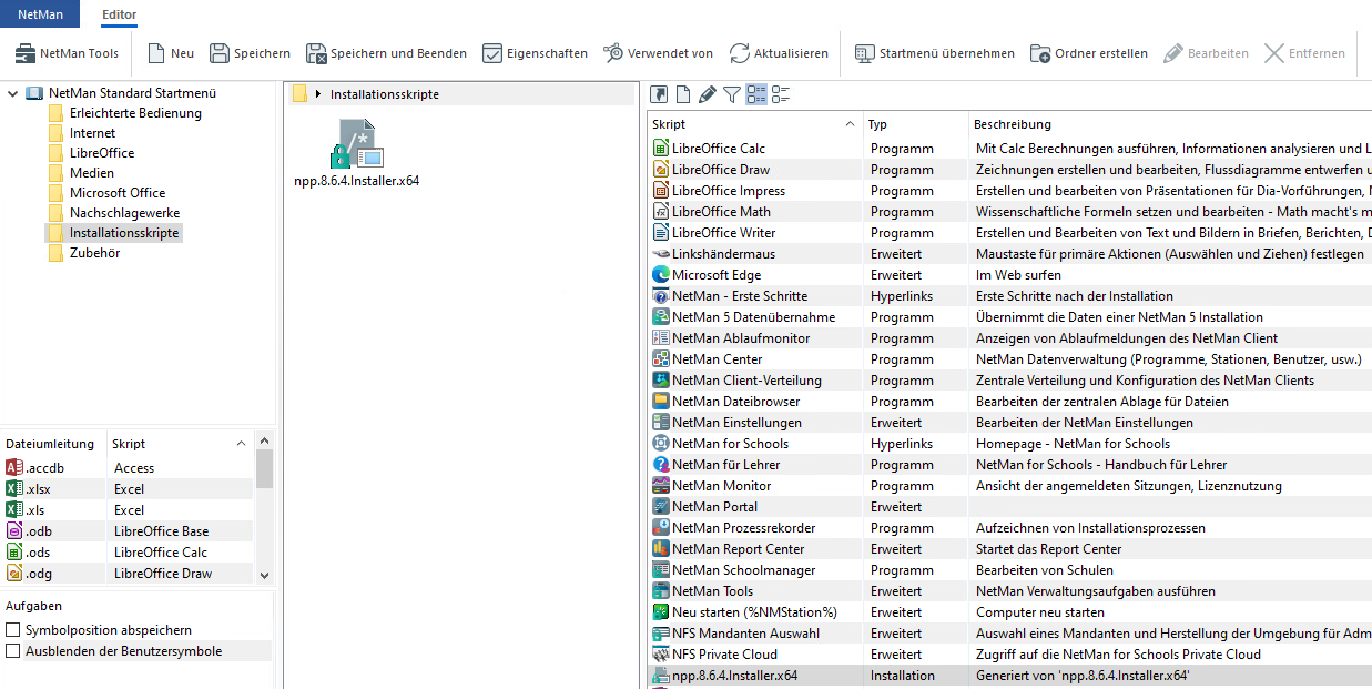 Kollektionseditor mit Installationsskript im NetMan Standard Startmenü im Ordner Installationsskripte