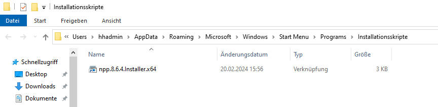 Windows Explorer Ansicht, Installatationsskript markiert