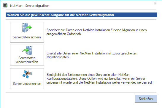 Servermigration mit den Aufgaben Serverdaten sichern, Serverdaten wiederherstellen und Server umbenennen