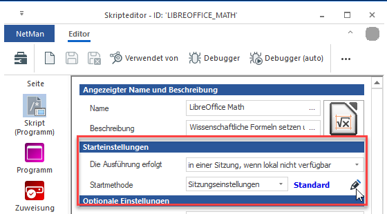 Starteinstellungen / Startmethode Sitzungseinstellungen Standard. Bearbeiten-Schaltfläche gewählt.