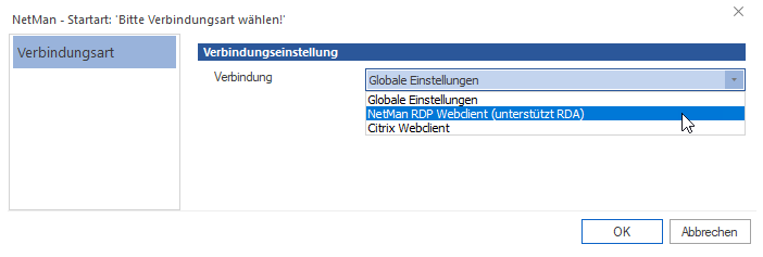 Editor für Startregeln: Auswahl möglicher Sitzungseinstellungen per Dropdown-Menü.