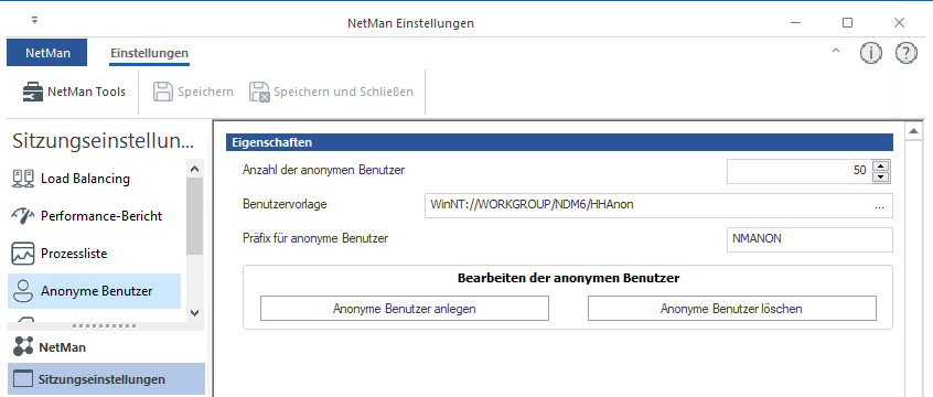 NetMan Einstellungen / Sitzungseinstellungen / Anonyme Benutzer
