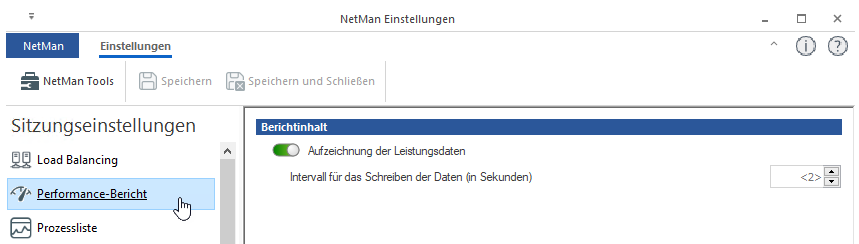 NetMan Einstellungen / Sitzungseinstellungen / Performance-Bericht