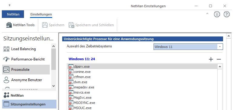 NetMan Einstellungen / Sitzungseinstellungen / Prozessliste
