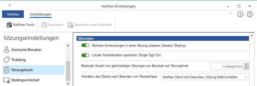 NetMan Einstellungen / Sitzungseinstellungen / Sitzungshosts
