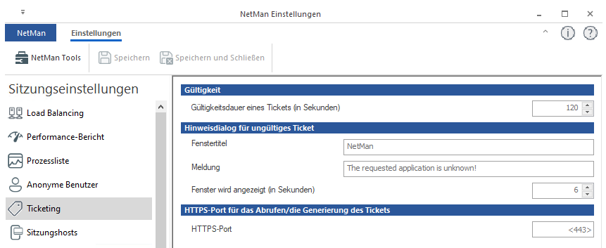 NetMan Einstellungen / Sitzungseinstellungen / Ticketing