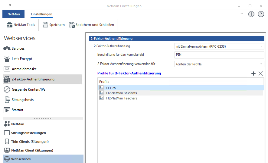 NetMan Einstellungen / Webservices / 2-Faktor-Authentifizierung