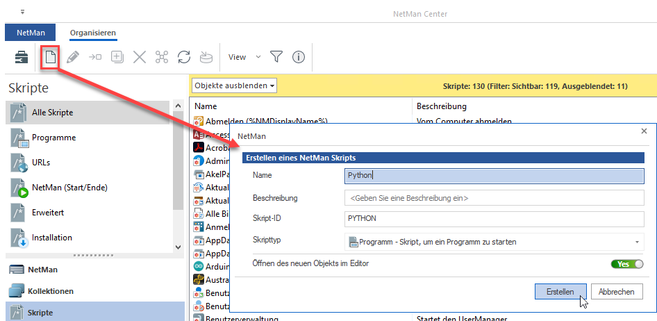 NetMan Center/Skripte: Die Schaltfläche neu öffnet den Dialog "Erstellen eines NetMan Skripts".